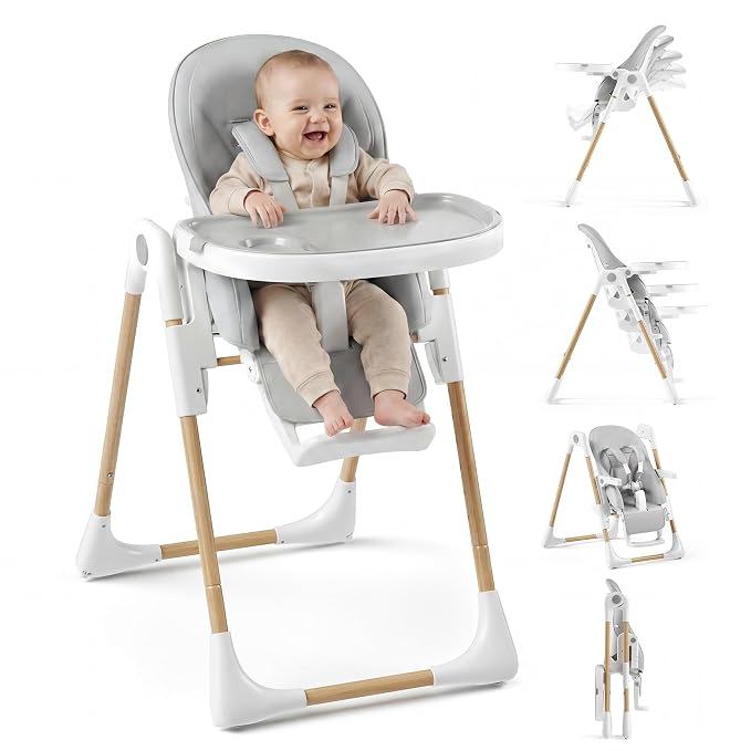 Baby High Chair, Convertible Folding Highchair with Dishwasher-Safe Tray, Adjustable Heights, 5-Point Harness, Portable Dining High Chairs for Babies and Toddlers (Wood Grain+Light Gray)