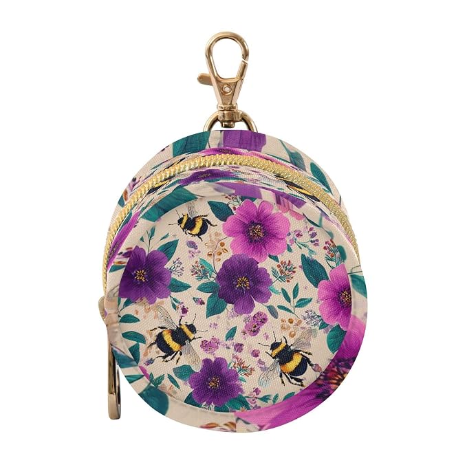 Pacifier Holder with Clip Pacifier Case for Diaper Bag Round Baby Pacifier Pouch Box Bag Portable Beige Bees and Colorful Flowers