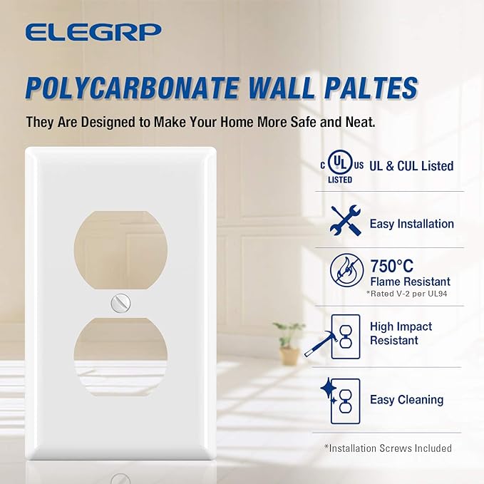 ELEGRP Duplex Receptacle Outlet Covers, 1-Gang Standard Size Wall Plates, Unbreakable Polycarbonate Dual Outlet Faceplates Covers, UL Listed, Color-matched Screws Included (1 Pack, Glossy White)