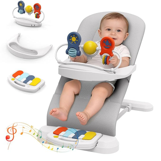 Baby Bouncer Seat, 3-Speed Adjustable Height Baby Bouncer Seat, 4-in-1 Bouncer Seat for Babies 0-6 Months, Detachable Piano Pedals, Feeding Tray