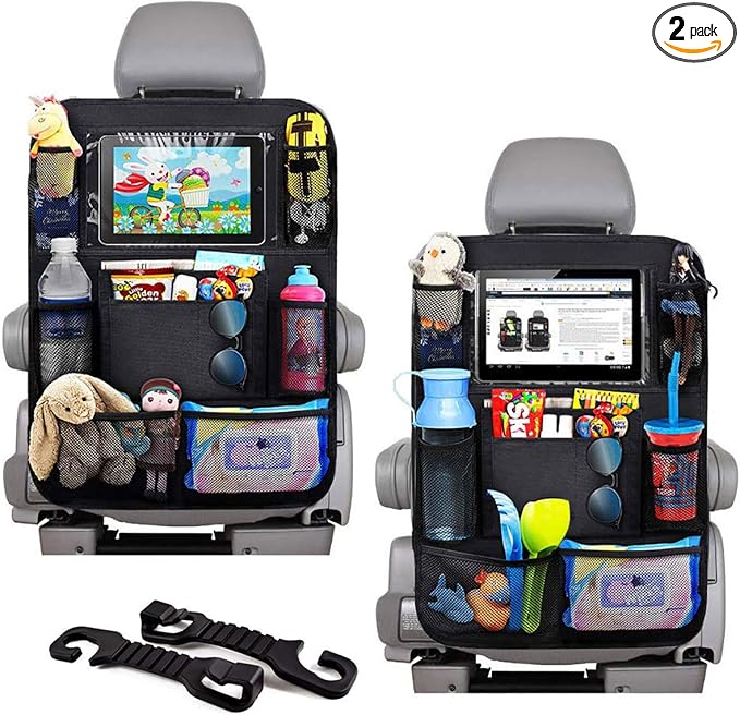 Car Seat Organizer Back Seat with 10" Tablet Holder Adjustable Straps 9 Storage Pockets Kick Mats Car Seat Back Protectors Great Travel Accessories for Kids and Toddlers 2 Pack + 2 Car Headrest Hook