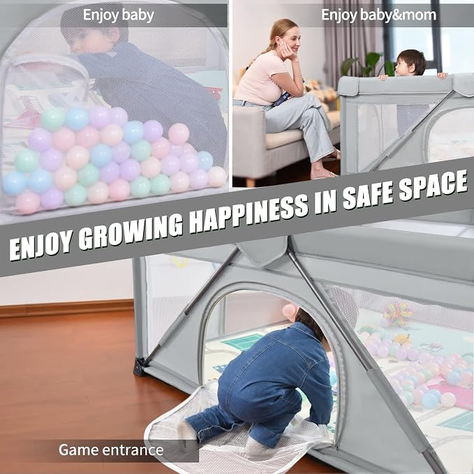 Baby Playpen Foldable, Heyo.Ja Large Play Yard, Playpen for Babies and Toddlers, Play Pens for Babies and Toddlers with Gate, Indoor & Outdoor Portable Play Pen (Washable 71x59in, Cold Grey)