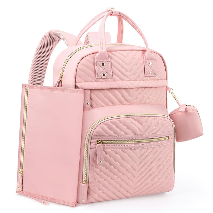 Tuwubi Diaper Bag Backpack with Changing Pad,Baby Essentials, Multi function Waterproof Backpack with Stroller Straps & Pacifier Case Light Pink