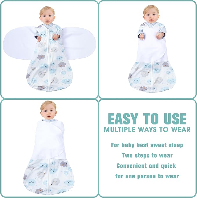 BSTOPPT Newborn Sleep Sack Baby Swaddle,6-12 Months,3-Way Adjustable Wearable Blanket,100% Rayon Cotton Swaddling sleeping bag，TOG 0.5（Clouds&Starry Sky）