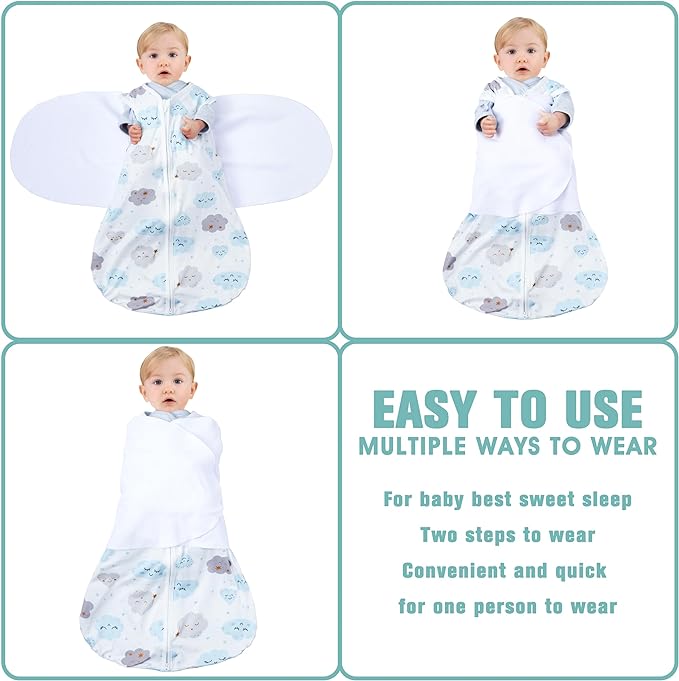BSTOPPT Newborn Sleep Sack Baby Swaddle,3-6 Months,3-Way Adjustable Wearable Blanket,100% Rayon Cotton Swaddling sleeping bag，TOG 0.5（Clouds&Starry Sky）