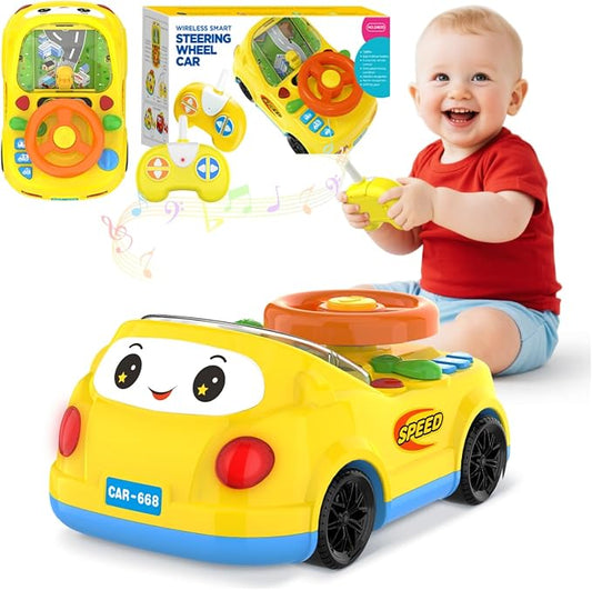 Toys for 1 Year Old Boy Gifts - 2-in-1 Toddler Push Car & Musical Racing Adventure Steering Wheel Driving Game, Interactive Simulated Driving Car for Baby 12-18 Months, Birthday Gift Ages 1-2, Yellow