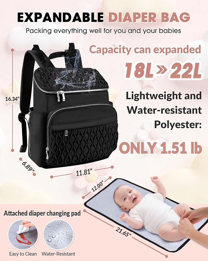 Baby Diaper Bag Backpack, Expandable Baby Bag for Girl Boy, Travel Diaper Backpack with Insulated Pocket, Changing Pad, Quilted Diaper Bag for Mom Dad, Newborn Baby Essentials Must Have Black