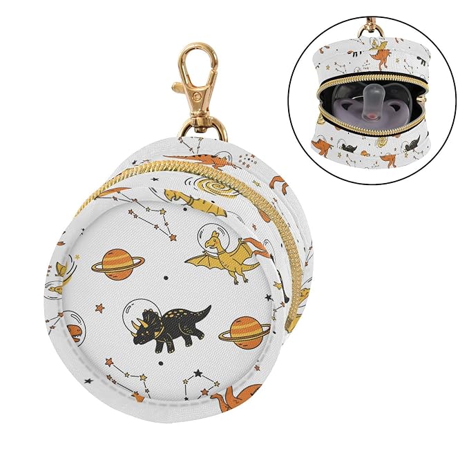 Space Dinosaur White Pacifier Holder Case Newborn Pacifier Storage Pouch for Boys Girls Easy Attach to Diaper Bag Portable Baby Essentials Container