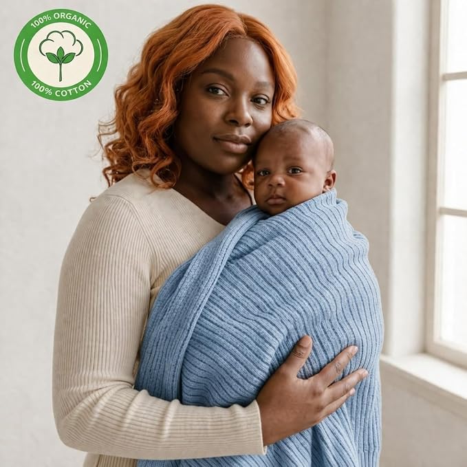 100% Organic Cotton Knit Receiving Baby Boy Blanket for Newborns - Soft, Breathable Swaddle Blanket for Crib & Stroller - Nursery Gift 2-Pack (Ribbed Ivory & Baby Blue)