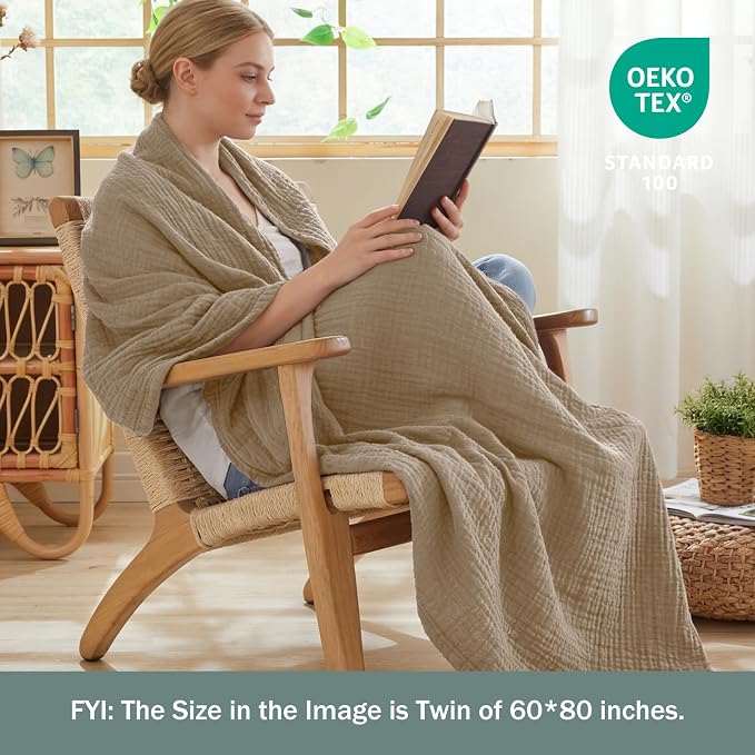 EMME Cotton Muslin Throw Blanket for Couch Breathable Gauze Soft Lightweight Blankets for Adults (Tan, 50"x60")