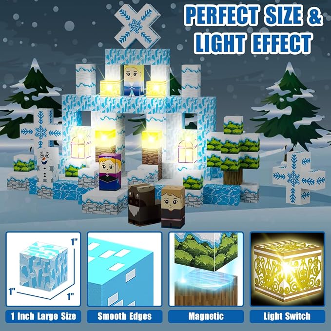 Daoyehsy 200PCS Magnetic Blocks Building Toys, 1" Light Up Building Blocks Magnet Cubes Tiles for Toddlers Boys Girls 3+, Build 3D Snow World, STEM Sensory Construction Toys