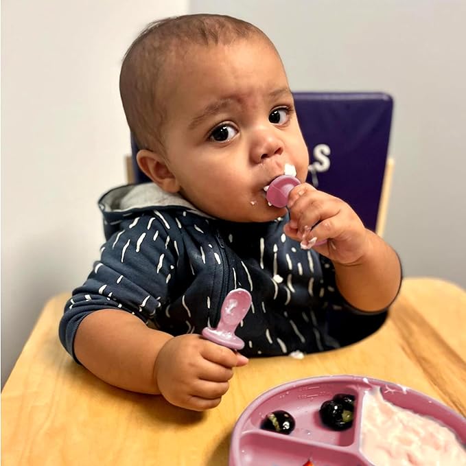 TalkTools ITSY Tiny Silicone Spoons ??Twin Pack Soft Silicone Self-Feeding Training Spoons for Kids & Toddlers, Anti-Choking Flange Guard and Non-Slip Handle (Bubblegum)