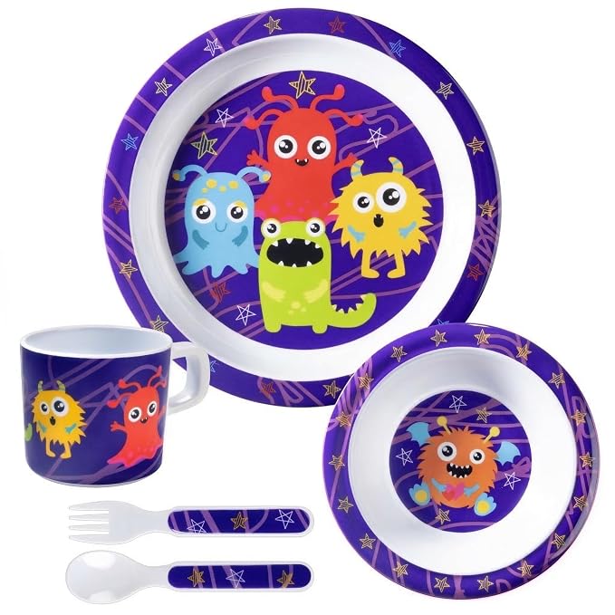 Bentology 5 Pc Mealtime Set for Kids - Monster Theme - Includes Raised Edge Plate & Bowl, Cup, Fork & Spoon- Dishwasher Safe, BPA Free- Cute Durable Dish, Easy Self-Feeding- Gift for Toddlers