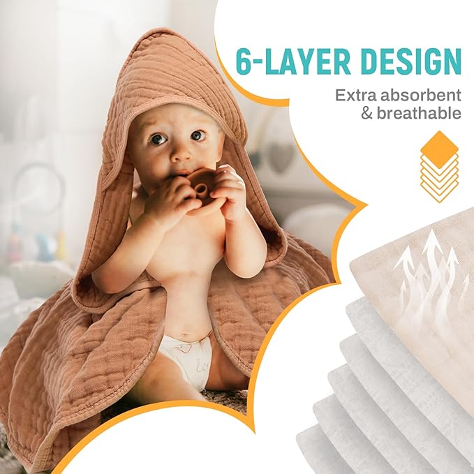 MIGIOL Hooded Baby Bath Towels 100% Muslin Cotton Baby Bath Towel for Infant, Toddler and Kids,Soft and Absorbent Newborn Essential，Large 32x32Inch 2 Pieces Coffee & Beige