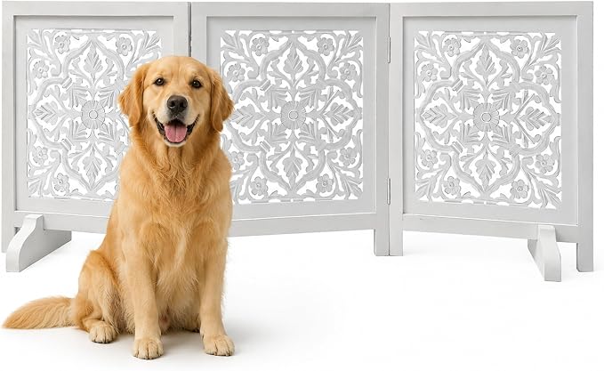 Free Standing Dog Gate for Doorway, Hallway, or Stairs – 60x24 Inch 3 Panel Folding Wooden Pet Gate, Decorative Lucy Design Dog Fence, White Antique Finish