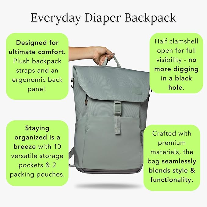 Huhu Diaper Bag Backpack – Large Baby Bag for Moms & Dads – Water-Resistant, Unisex Travel Kit for New Parents – Includes Changing Pad and 2 Organizer Pouches (Outdoorsy Sage)