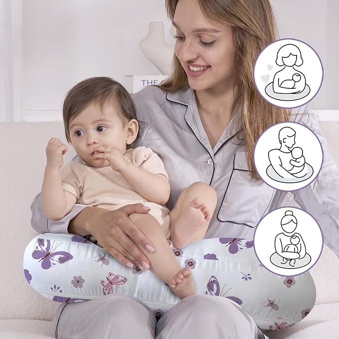 Little Grape Land Ergonomic Nursing Pillow,New Breastfeeding Pillows Support for Mom and Baby,Breathable and Soft with Cute Washable Cover, Multi-Use Feeding Pillow for 0–12 Months, Purple Butterfly