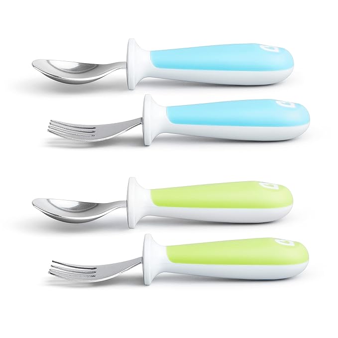 Munchkin® Raise??Toddler Fork and Spoon Utensil Set, Rest Keeps Tip Off Table, BPA Free, 4 Pack, Blue/Green