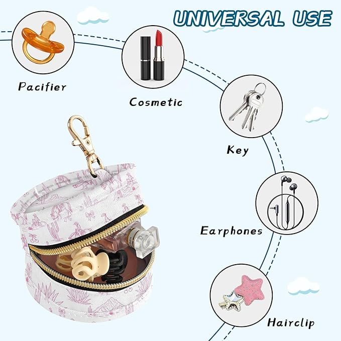 Western Cowboy Pink Print Pacifier Holder Case Newborn Pacifier Storage Pouch for Boys Girls Easy Attach to Diaper Bag Portable Baby Essentials Container