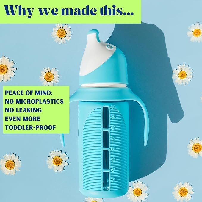 Tabor Place Set of 2 - Glass Sippy Cup for Toddlers - The Luca | Spill-Proof | Silicone Straw | Mint Green & Indigo Purple | 8 oz | Liquids Never Touch Plastic | Removable Handles??(blue/green)