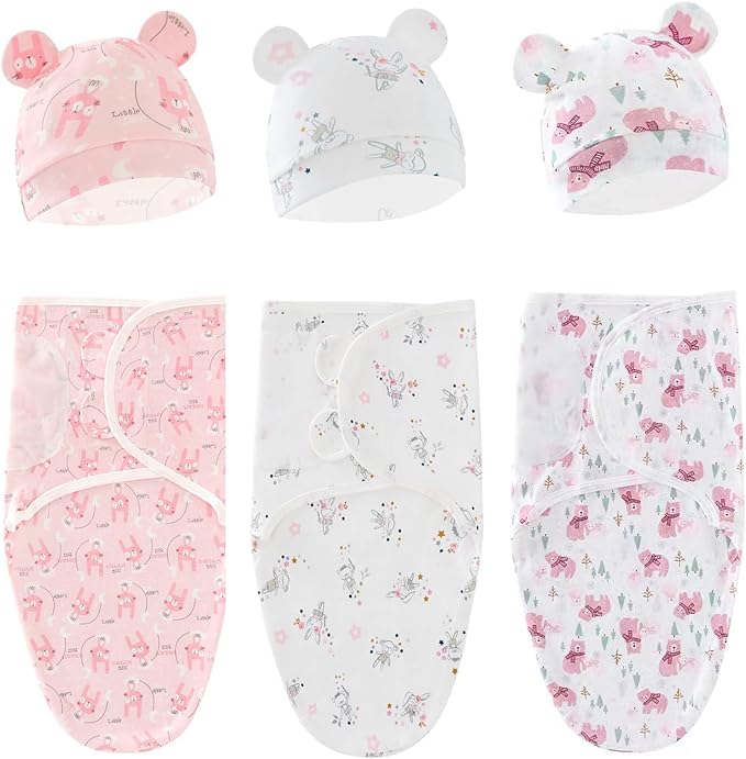 Baby Swaddle Sleep Sack with Hat Set for 0-3 months 3-Pack Soft Cotton Newborn Wearable Swaddle Wrap for Girls Boys