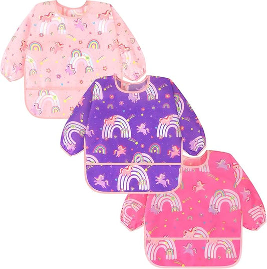 Accmor 3 Pack Long Sleeve Bibs, Baby Smock Waterproof Sleeved Bib Smock for Baby Toddler 6-36 Months