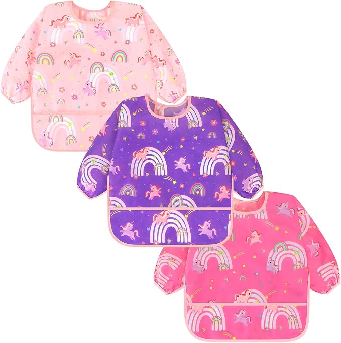 Accmor 3 Pack Long Sleeve Bibs, Baby Smock Waterproof Sleeved Bib Smock for Baby Toddler 6-36 Months