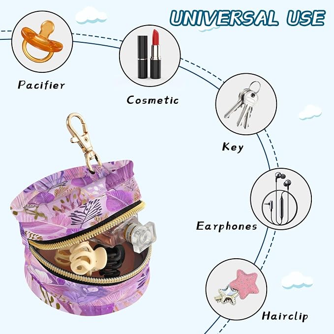 Pacifier Holder with Clip Pacifier Case for Diaper Bag Round Baby Pacifier Pouch Box Bag Portable Boho Pink Leaf