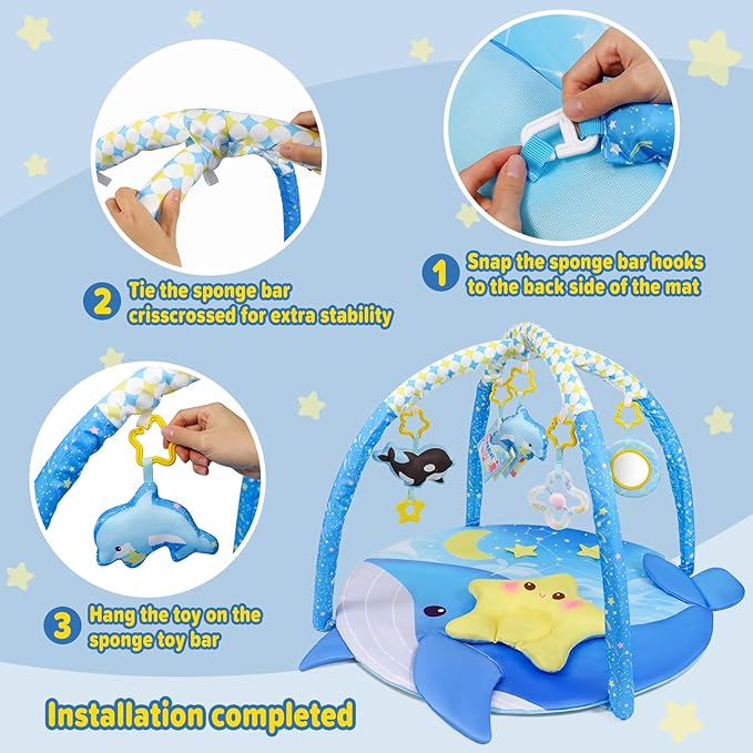 Dr.Rapeti 31x31inch Baby Play Mat, Activity Baby Play Gym with Arch, Playmats & Floor Gyms, Detachable Mirror and Squeaky Soft Set, Thick Non-Toxic Playmats