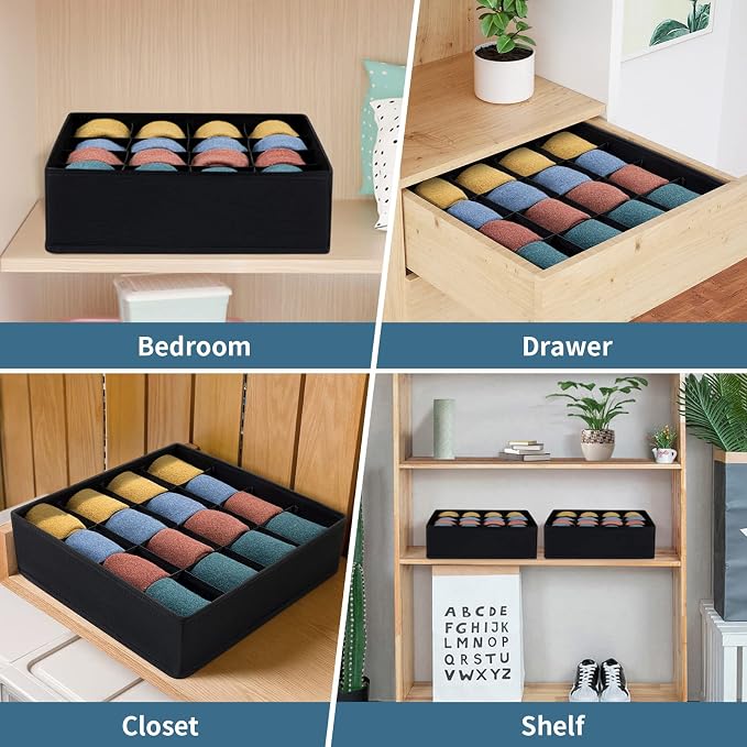 Joyoldelf Sock Drawer Organizer Divider, 16-cell Underwear Organizers and Storage Fabric Drawer Organizer for Socks, Lingerie, Handkerchiefs, Ties Black, 2 Packs