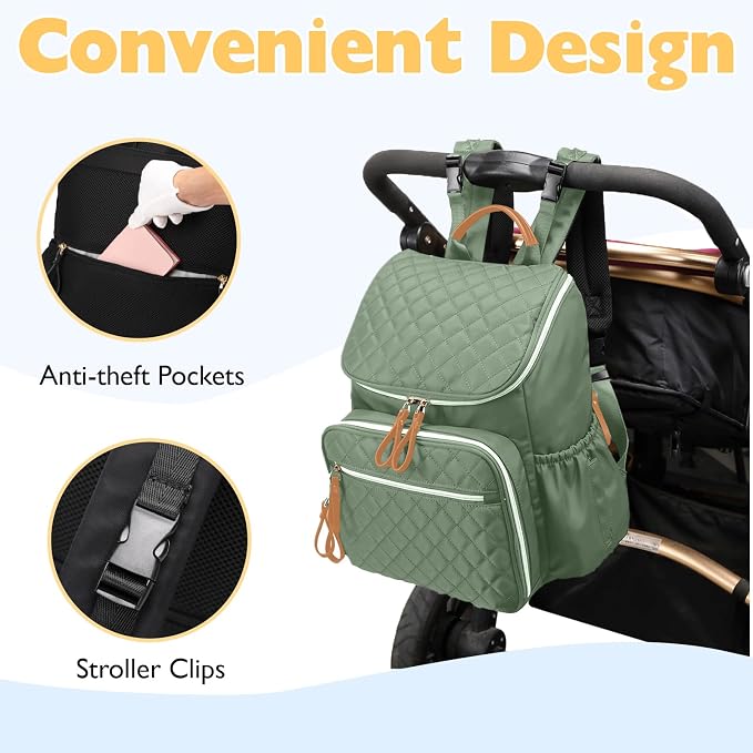LORADI Lightweight Diaper Bag Backpack with Stroller Clips, Insulated Pockets, Baby Shower Essentials, Green