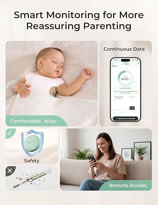 Momcozy Wearable Digital Thermometer for Baby, Medical-Grade Accurate Smart Thermometer, Instant Reads, APP Real-time Monitoring for Infants & Kids, Hypoallergenic 3M Stiker,Bluetooth, Green