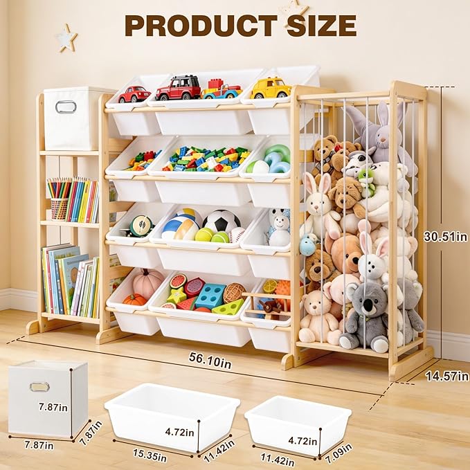 Kids Toy Storage Organizer with Bookshelf & Stuffed Animal Storage,12 Toy Bins +1 Free Storage Box,Playroom Nursery Organization Plush Toy Storage