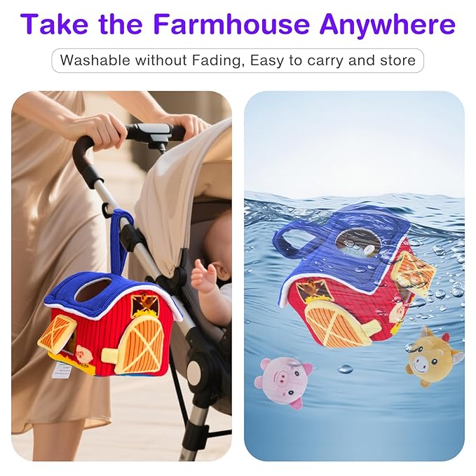 Montessori Sensory Toys for Baby - First Surprise Barn with 6 Stuffed Farm Animals - Rattles, Crinkles, Squeak, Mirror - 6-12 Months Infant &1-3 Years Toddler boy Girl Gifts & Travel Toy