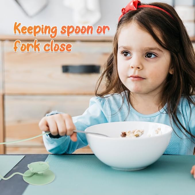 Toy Strap Spoons for Infant Spoon Fork Set Holder Anti-drop Chain Silicone Suction Cup Toddler Green Color
