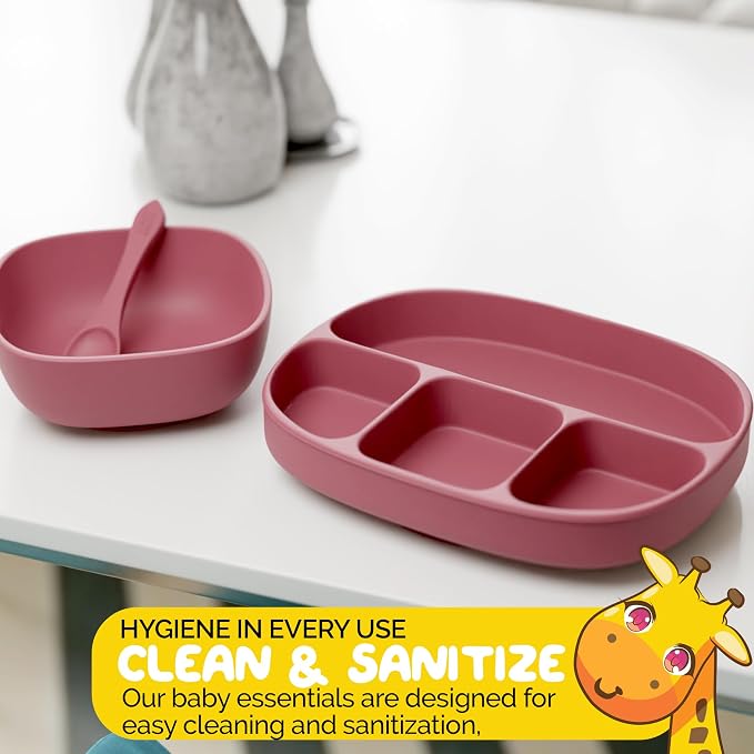 Baby Led Weaning Supplies by Muqee Peeko with Baby Suction Plate, Suction Bowl and Baby Spoons Self Feeding 6+ months in Warm Vanilla Beige Color (3 Piece Set)