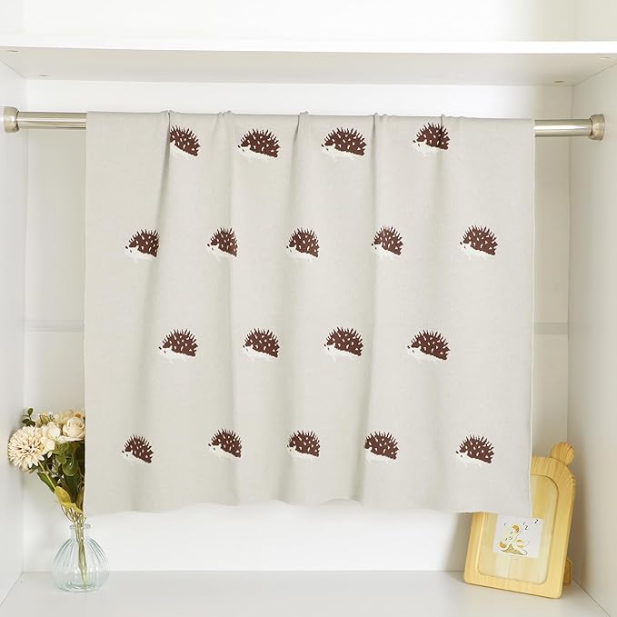 Opewod Baby Blanket 100% Cotton Baby Swaddle Blanket Knit Soft Cozy Lightweight Unisex Receiving Stroller Quilt Blanket with Cute Hedgehog 30x40 Inch Light Grey