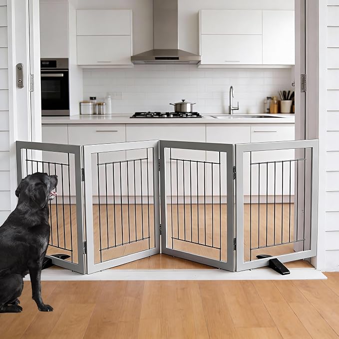 Dog Fence Indoor - 4-Panel Freestanding Dog Gate for Doorways, Hallways, House or Stairs -80x24-Inch Retractable Foldable Expandable Wood Pet by SFJC (Grey)