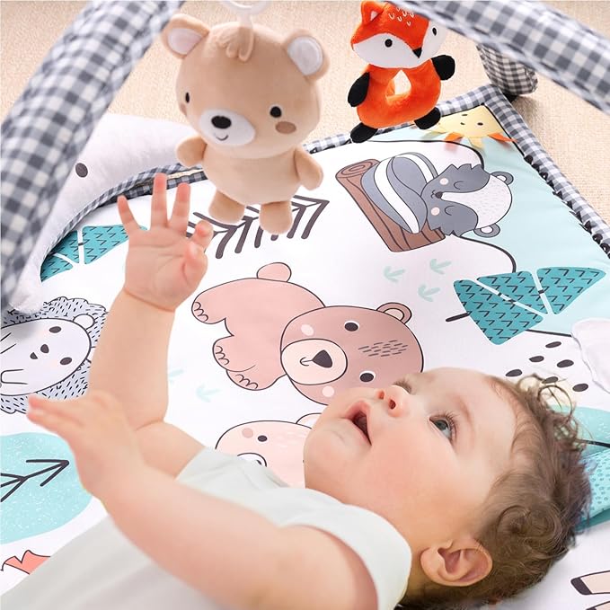 The Peanutshell Unisex Baby Play Gym & 7-in-1 Play Mat - Playmat Baby Toys 0-6, 6-12 Months Tummy Time Mat with Hanging Toys, Soft Padded for Newborns, Infants - Woodland