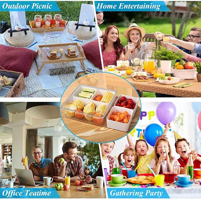 2pack Divided Serving Tray with Lid, 4 Compartment Removable Snack Boxes Fruit Food Storage Containers, Snackle Vegetable Veggie Box Plastic Organizer for Fridge (8.7x8.7x3.0, Clear and White)