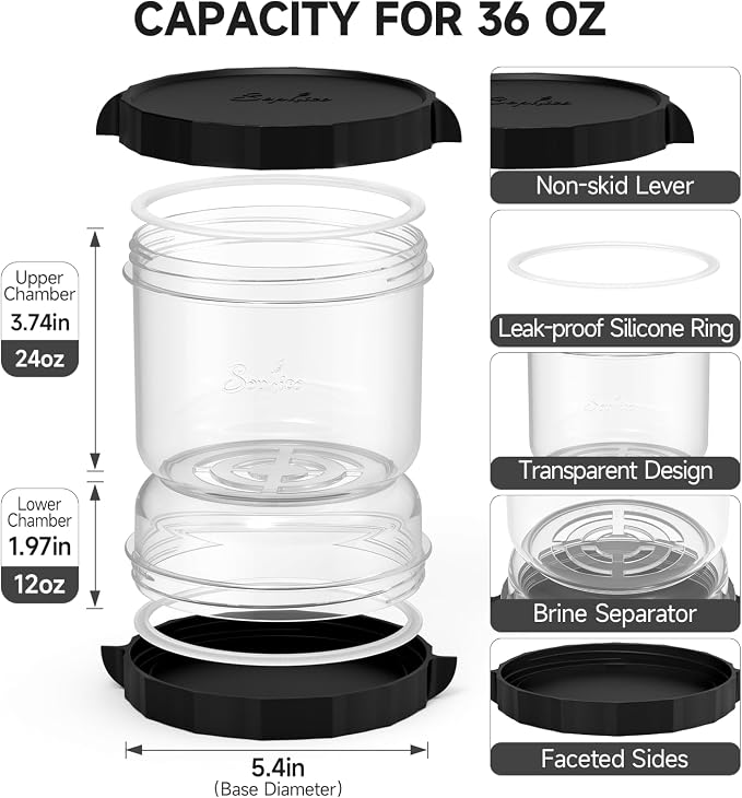SOPHICO Pickle and Olives Jar Container with Strainer Flip, Leak-proof Juice Separator Hourglass Food Saver Storage Container (Transparent Black)