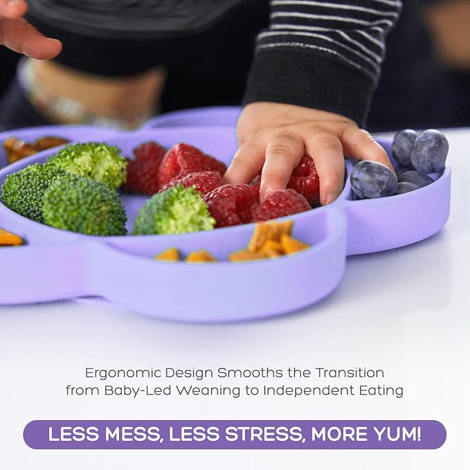 Grabease Silicone Portion Control Plate - No-Mess Baby Suction Dinner Set - Baby-Led Weaning Supplies & Silicone Feeding Set - Sectioned Plate & Toddler Dinnerware - Lavender, 4-Piece Kit