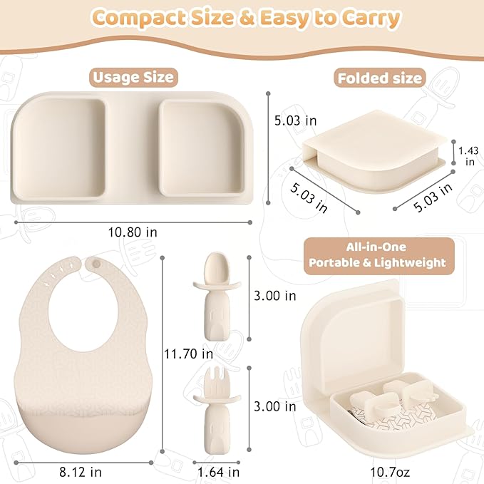 Beige Travel Silicone Foldable Feeding Set, On-the-Go Baby Feeding Supplies Including Toddler Plates, Silicone Baby Spoon&Fork, Adjustable Foldable Bib, Portable Infant Toddler Utensils