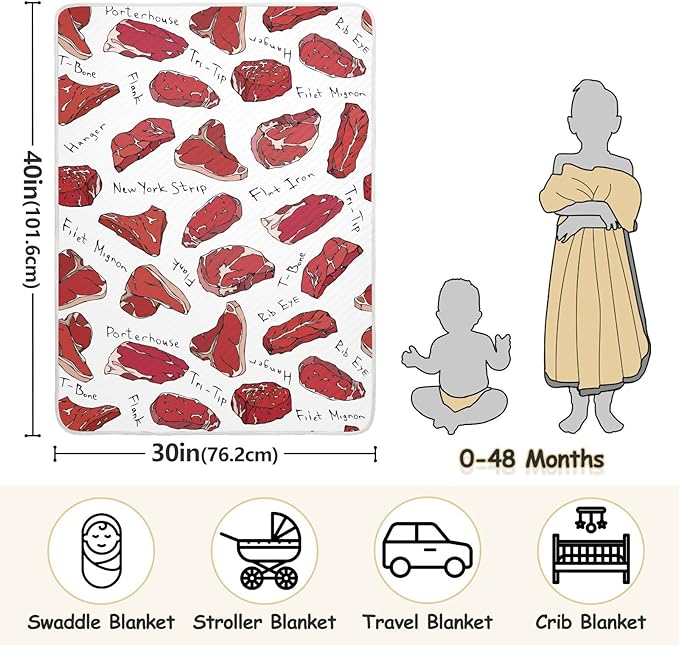 Ollabaky Beef Steaks and Meat Baby Blanket for Boys Girls Cotton Throw Blanket Swaddle Blanket for Crib Stroller Nursery Receiving Blanket Infant Toddler Unisex 30"x40"