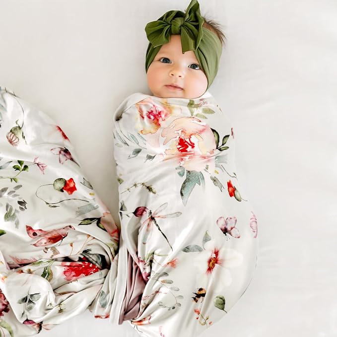 GRSSDER Baby Blankets Super Soft Jersey Knit Swaddle Blanket for Baby Girls and Boys, Double Layer Receiving Blankets 34 x 44 Inches Extra Large for Baby, Flowers and Insects