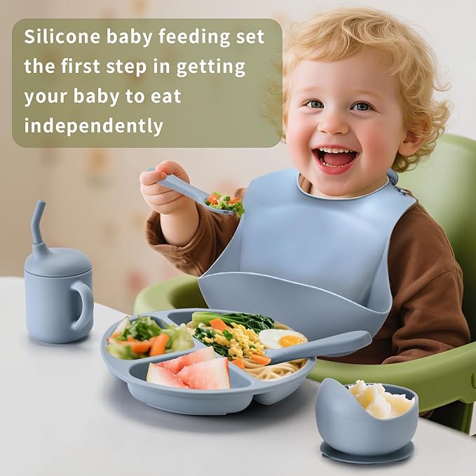 Baby Silicone Feeding Set, Baby Weaning Set, Baby Essentials, Includes Baby Spoons, Baby Bibs, Suction Plates for Babyï¼?Baby Bowls, Food Grade Silicone, BPA Free (A-1)