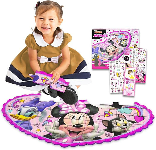Minnie Mouse Floor Puzzle Set - Bundle with 25 Pc Minnie Foam Floor Puzzle for Kids with Minnie Stickers, Tattoos, More | Minnie Mouse Jigsaw Puzzles for Girls