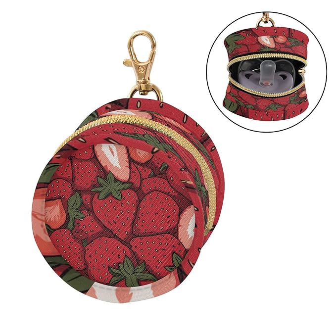Pacifier Holder with Clip Pacifier Case for Diaper Bag Round Baby Pacifier Pouch Box Bag Portable Cartoon Red Strawberry