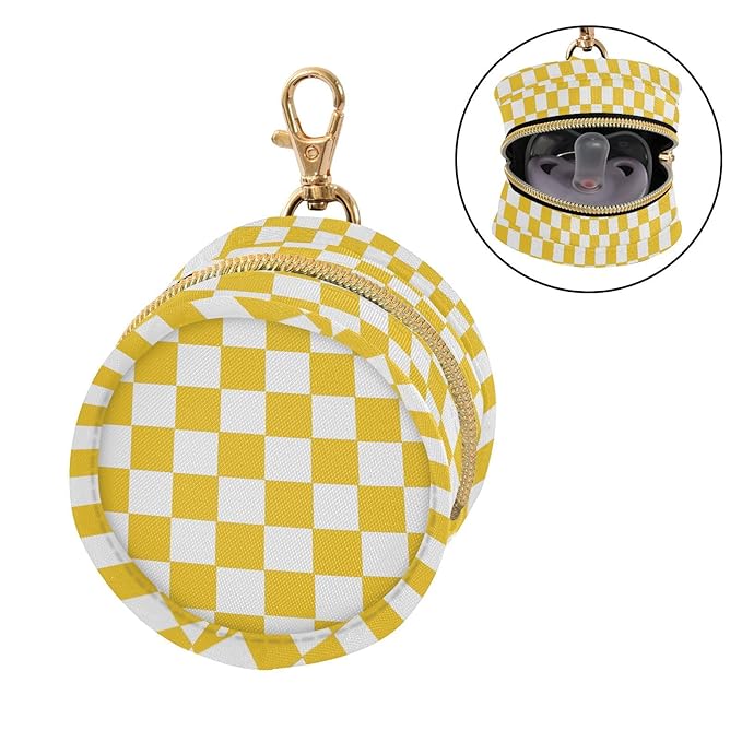 Checkered Plaid Pineapple Yellow Print Pacifier Holder Case with Metal Clip Portable Pacifier Holder Case for Baby Girls
