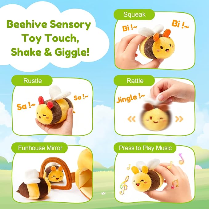 Baby Sensory Toys 0-6 6-12 Months, Soft Beehive Toy with 5 Plush Bees, Rattle Crinkle Squeaker Mirror, Music, Montessori Toys for Toddlers 1-3 Year Old Boys Girls Birthday Gifts